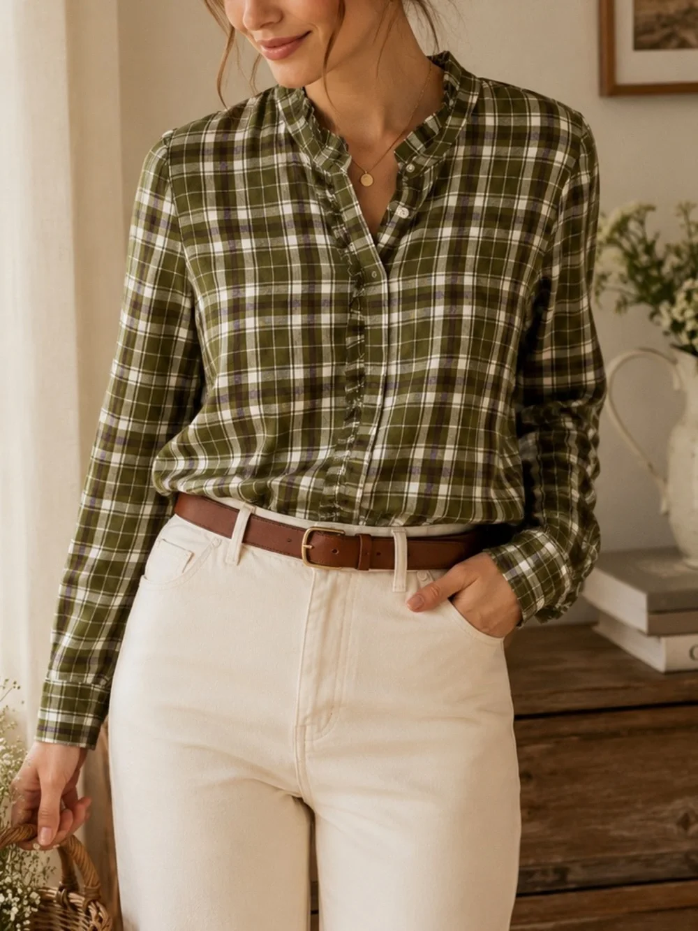 NWT LOFT Olive Plaid Ruffle Linen Blend Button Front Top Size Large Cottagecore